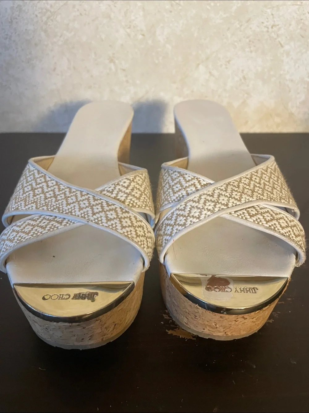 Jimmy Choo Cream Woven Cork Platform Wedge Sandals